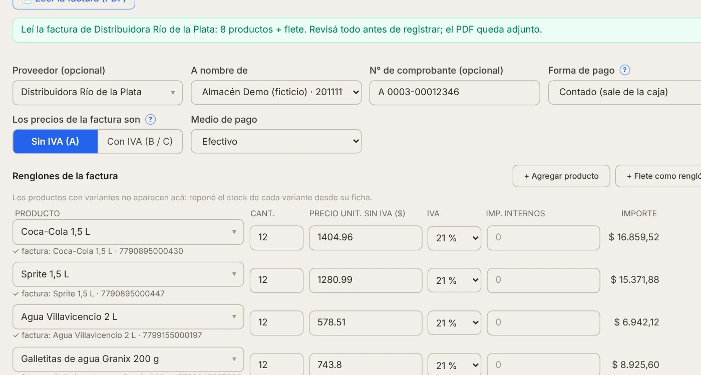 Compra leída de la factura