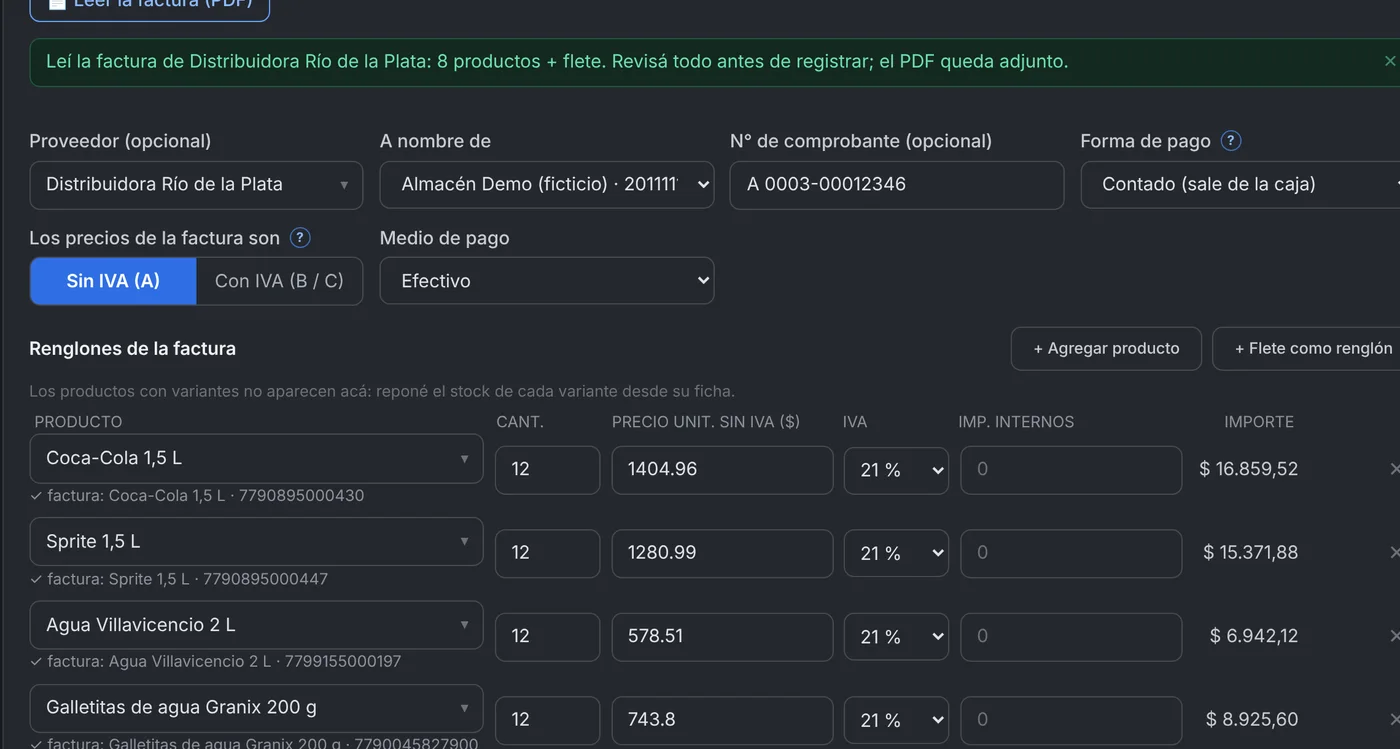 Compra leída de la factura